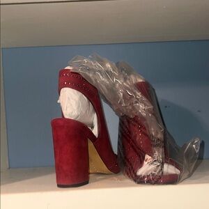 Vince Camuto Red Suede Studded Block Heel Pumps